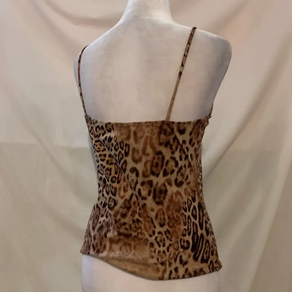 Y2K Leopard Cheetah Print Suede Textured Tank Top Size Small - Picture 2 of 3